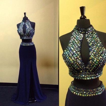 Two Piece Prom Dresses Cut Out Bust Side Slit Sexy..
