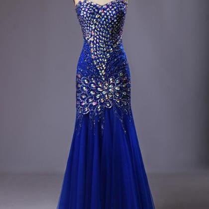 Real Photo Royal Blue Prom Dresses Elegant Beads..