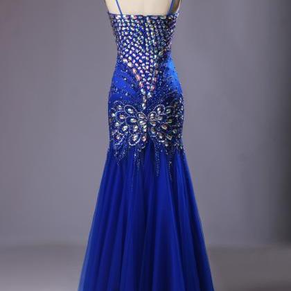 Real Photo Royal Blue Prom Dresses Elegant Beads..