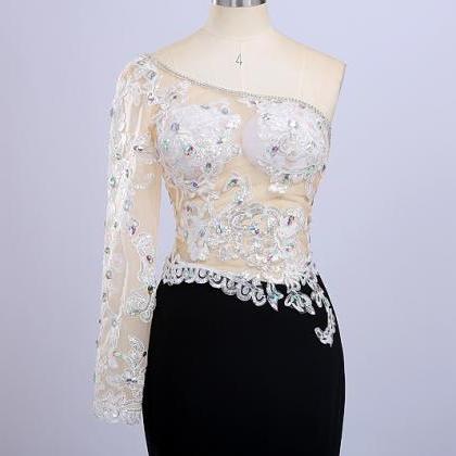 Real Photo One Shoulder See Through Top Appliques..