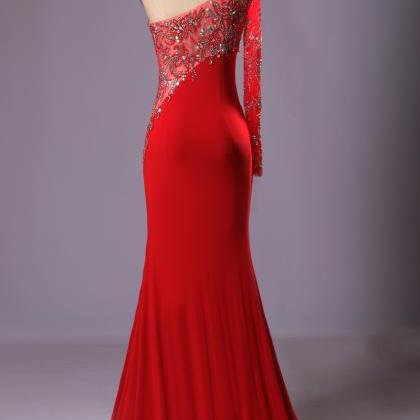 Red Bling One Shoulder Beads Crystal Para..