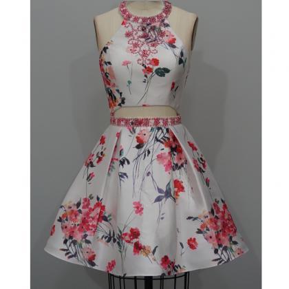Beaded Floral Print Homecoming Dress Short A Line..
