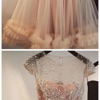 Fashion A-line Jewel Cap Sleeves Tulle Short..