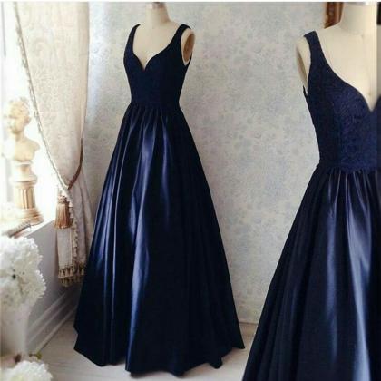 Double Straps Evening Dresses, Navy Blue Formal..