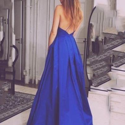 Royal Blue Backless Spaghetti Straps Ruched Brush..