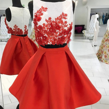 Red Two Piece Homecoming Dresses,cute Appliqued..