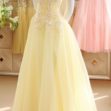 Pastel Yellow Cap Sleeves Sequined Tulle Prom..