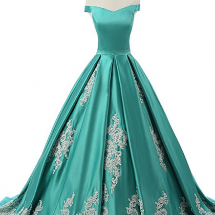 Vintage Turquoise Green Satin Appliques Prom..