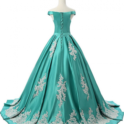 Vintage Turquoise Green Satin Appliques Prom..