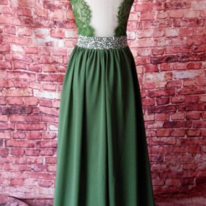 Green Prom Dress,fashion V Neck Backless Top Lace..