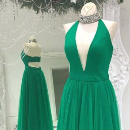 Halter Prom Dress,green Graduation Dress,v-neck..