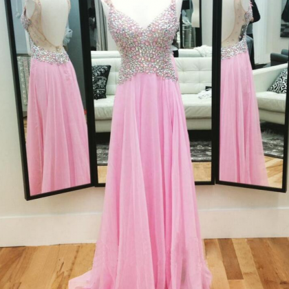 Sexy V-neck Prom Dress, Pink Rhinestone Prom..