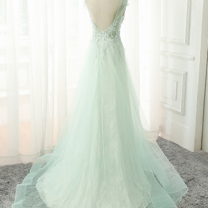 Long Lace Prom Dresses A Line Tulle Evening Party..