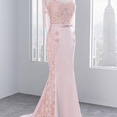 Pink Long Sleeve Lace Prom Dresses Mermaid Party..