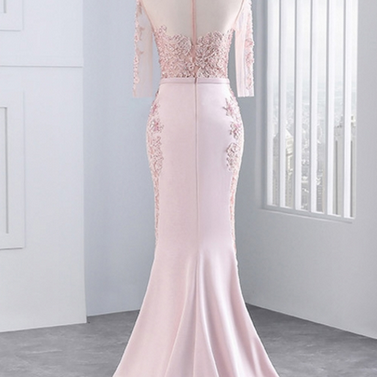 Pink Long Sleeve Lace Prom Dresses Mermaid Party..