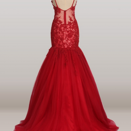 Red Long Lace Mermaid Prom Dresses Tulle Evening..