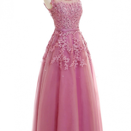 Danys Lace Embroidery Long Prom Dresses Pink Sheer..