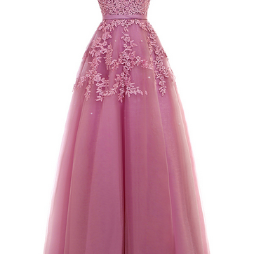 Danys Lace Embroidery Long Prom Dresses Pink Sheer..