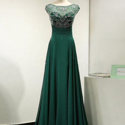 Emerald Green Chiffon V Back Evening Dress Sparkly..