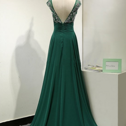 Emerald Green Chiffon V Back Evening Dress Sparkly..