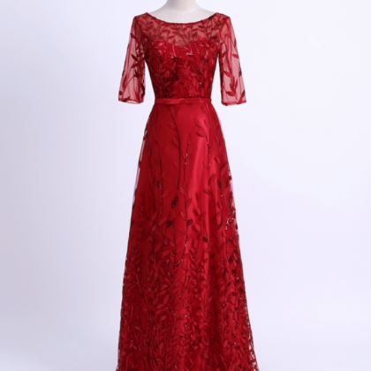 Evening Dress Wine Red Half Sleeve Fashion Leaves Pattern Party Robe De ...