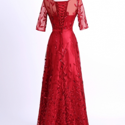 Evening Dress Wine Red Half Sleeve Fashion Leaves Pattern Party Robe De ...