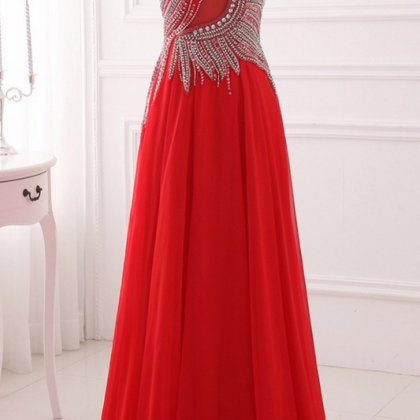 Fancy Beading Evening Dresses Red Illusion Long..