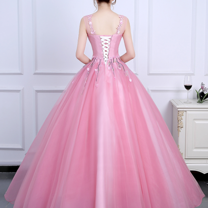Rose Pink Ball Gown Evening Gowns Lace Appliques..