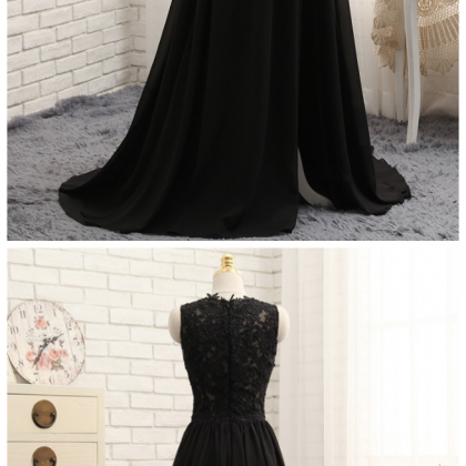 Prom Dresses, A-line Black Chiffon Appliques Lace..