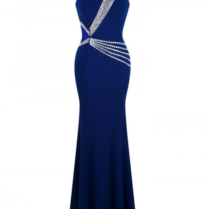 One Shoulder Blue Beading Sequns Long Mermaid Prom Dress