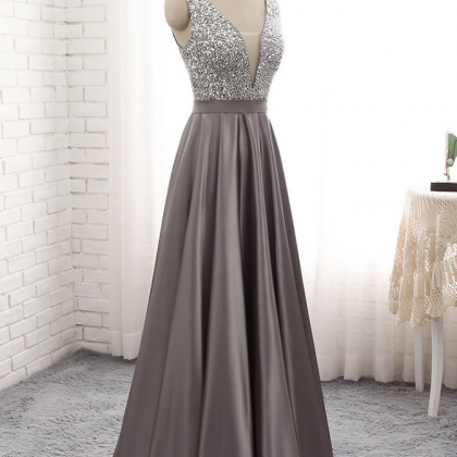 Luxury Long A-line Evening Dresses Sexy Gray Satin..