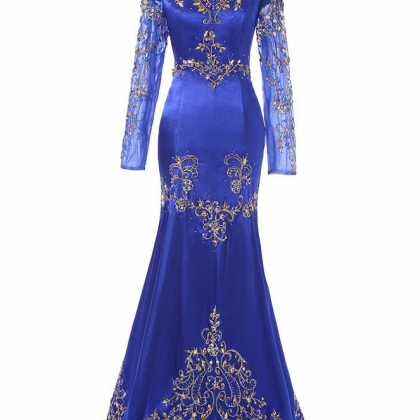 Royal Blue Beaded Muslim Evening Dress Long Sleeves Moroccan Kaftan ...