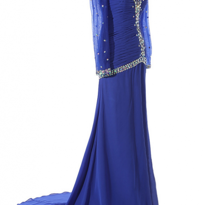 Elegant Halter Blue Chiffon Beaded Mermaid Evening Dress Long Prom Dress With Ribbon SP879 main image 0