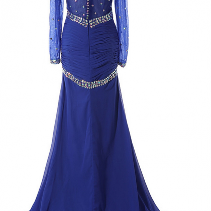 Luxury Long Mermaid Royal Blue Chiffon Beaded Evening Dresses Vestido ...