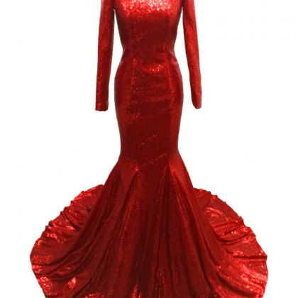 Long Mermaid Red Sequins Fabric Evening Dresses..