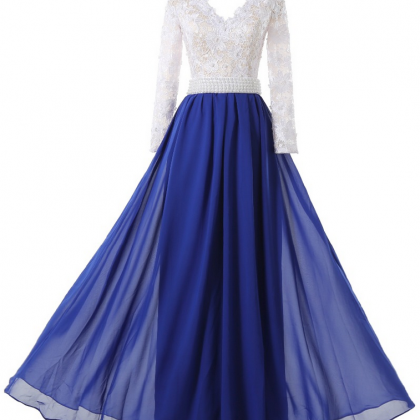 Charming Long A-line Royal Blue Chiffon White Lace..