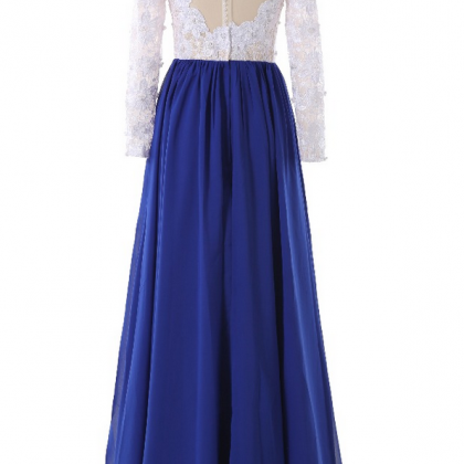 Charming Long A-line Royal Blue Chiffon White Lace..