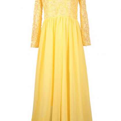 Luxury Yellow Chiffon Lace Pearls Evening Dresses..