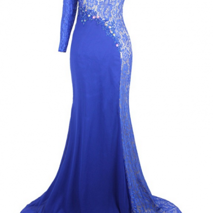 Luxury Blue Chiffon Lace Appliques Beaded Evening..