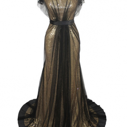 Luxury Black Tulle Beaded Gold Sequins Evening..
