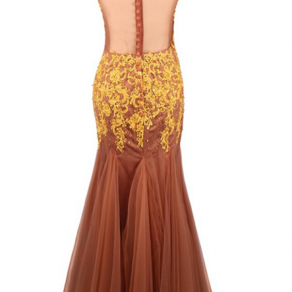 Luxury Brown Tulle Appliques Beaded Evening..