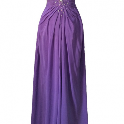 Luxury Long A-line Purple Chiffon Pleated Beads..