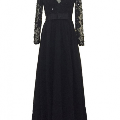 Luxury Black Chiffon Lace Appliques Pearls Evening..