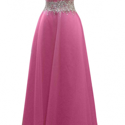 Long A-line Pink Tulle Beaded Evening Dresses Sexy..