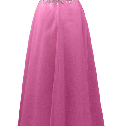 Long A-line Pink Tulle Beaded Evening Dresses Sexy..