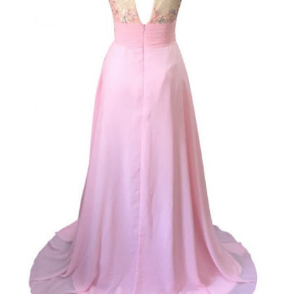 Vintage Pink A-line Rhinestone Beaded Chiffon Long Prom Dress Evening Dress P4203