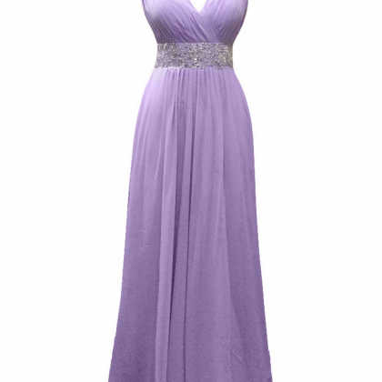 New Long A-line Purple Chiffon Pleats Beaded Evening Dresses Sexy ...