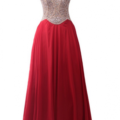 Luxury Red Chiffon Beaded A-line Evening Dresses..