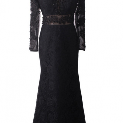 Luxury Black Lace Appliques Pearls Long Evening..