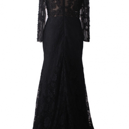 Luxury Black Lace Appliques Pearls Long Evening..